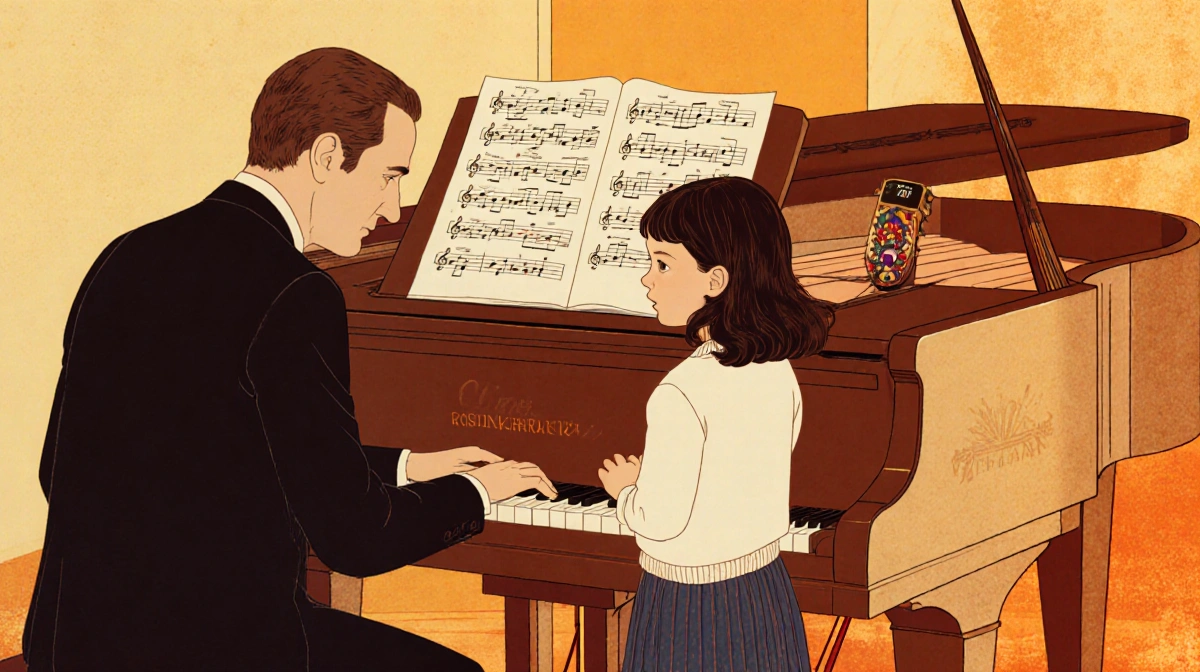 Young Claire Rosinkranz stands at piano with her Icelandic composer father sitting nearby and sheet music showing their music