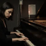 Claire Rosinkranz playing piano with candles and dimmed studio lights casting shadows across her face