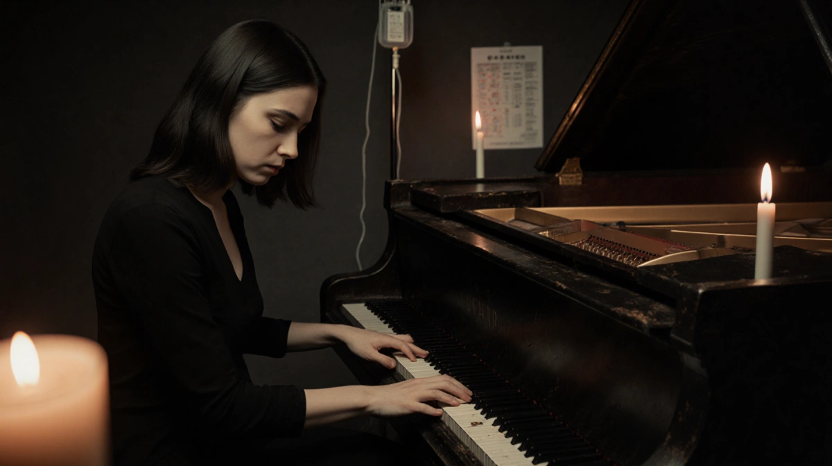 Claire Rosinkranz playing piano with candles and dimmed studio lights casting shadows across her face