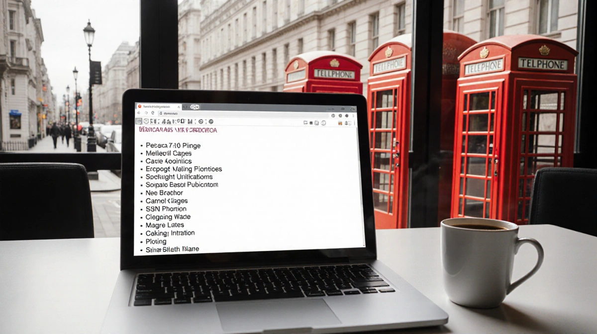 Modern desk with laptop showing academic credentials and coffee cup with British red phone booths visible through window