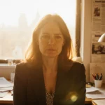 Clare Fisher sits at cluttered desk with golden sunrise light showing morning newsroom exhaustion