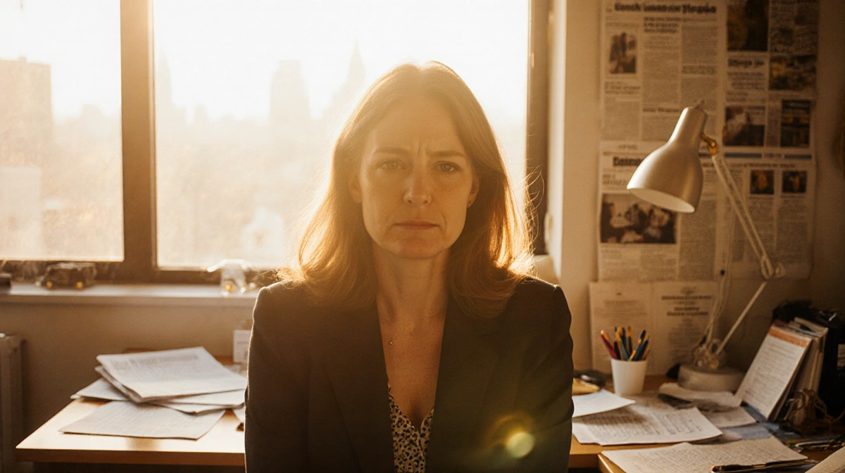 Clare Fisher sits at cluttered desk with golden sunrise light showing morning newsroom exhaustion