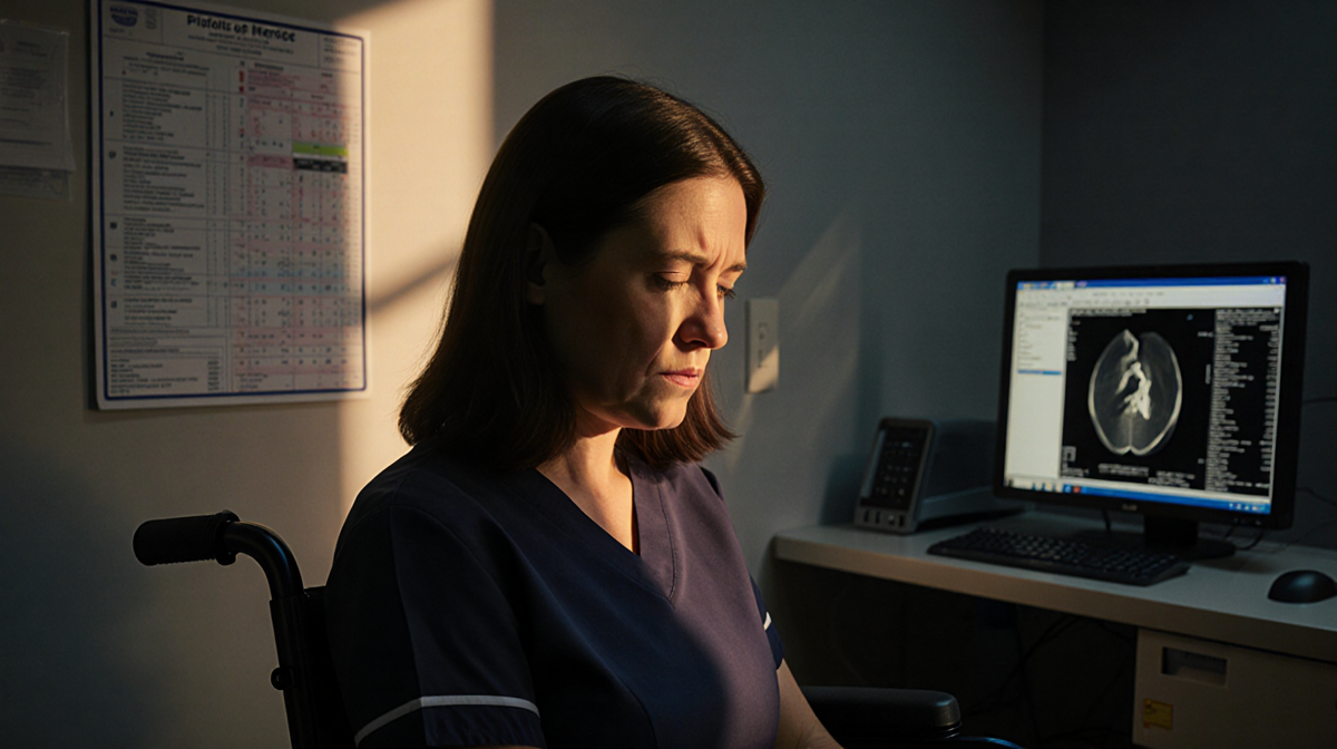 Clare Garrett a vet nurse looking down in a wheelchair with warm light on her face in a dim MRI room and medical chart behind