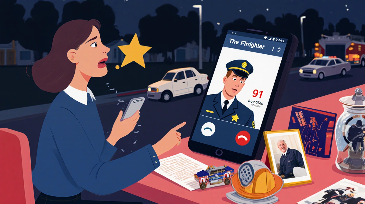 Clarissa checks her phone with a firefighter's face visible on the screen showing emergency response concern