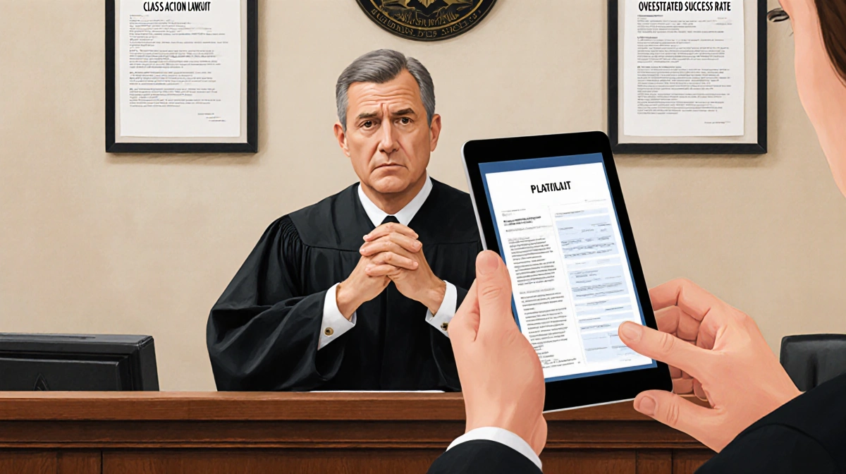 Judge presiding over class-action lawsuit case with plaintiff holding tablet showing court documents
