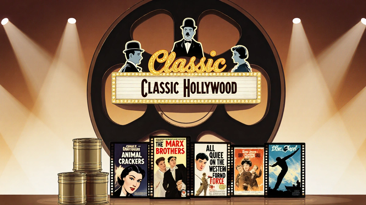 Film reel displaying Classic Hollywood title with gold letters surrounded by character silhouettes and vintage posters
