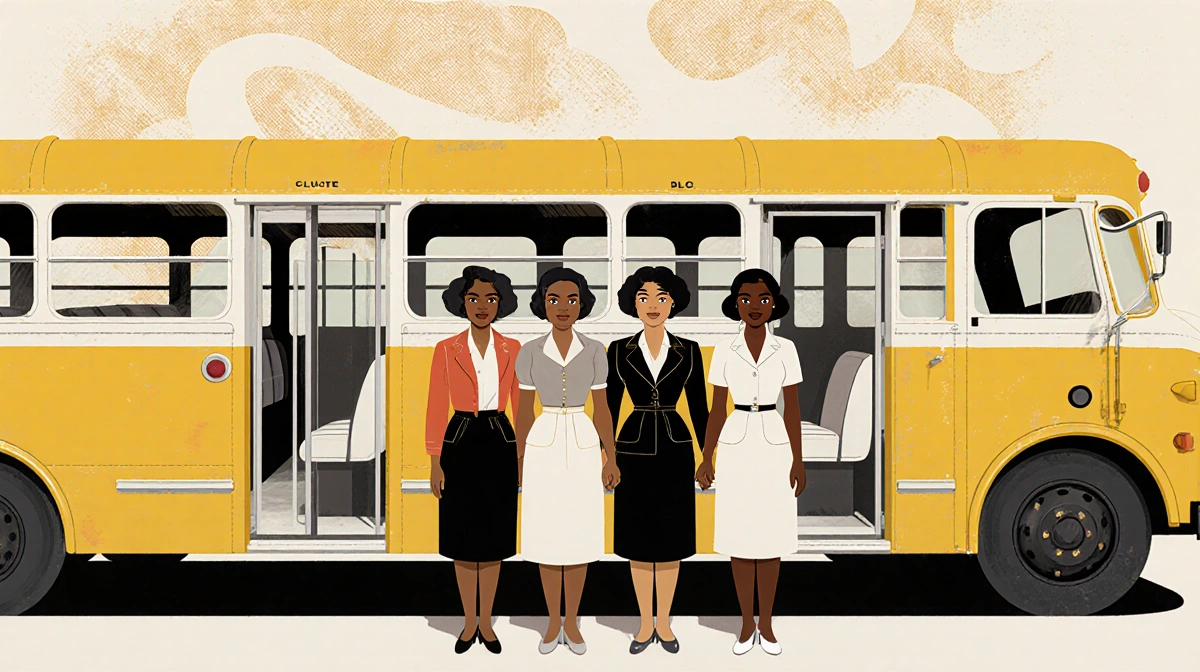 Four African American women hold hands in front of segregated bus with 1950s clothing and determination