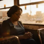 Claudette Colvin sits alone on vintage bus seat with golden light streaming through windows and blurred traffic lights behind