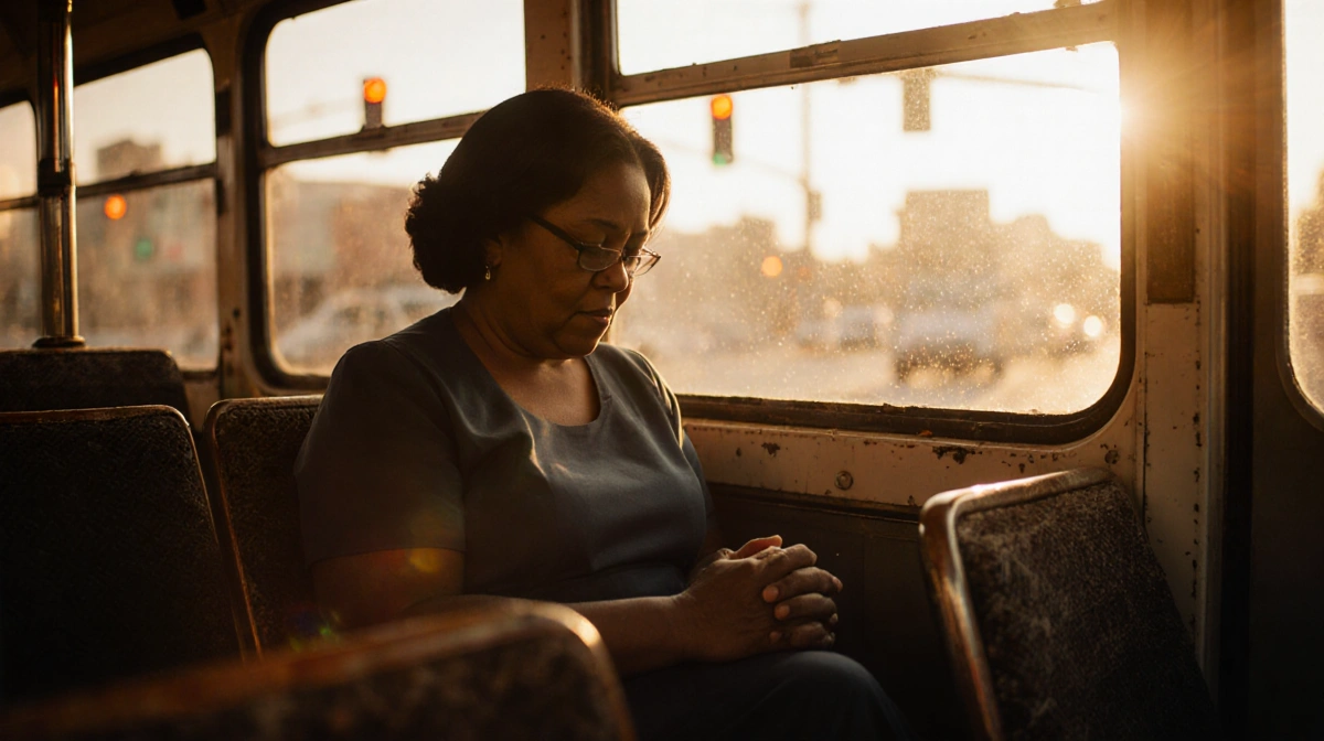 Claudette Colvin sits alone on vintage bus seat with golden light streaming through windows and blurred traffic lights behind