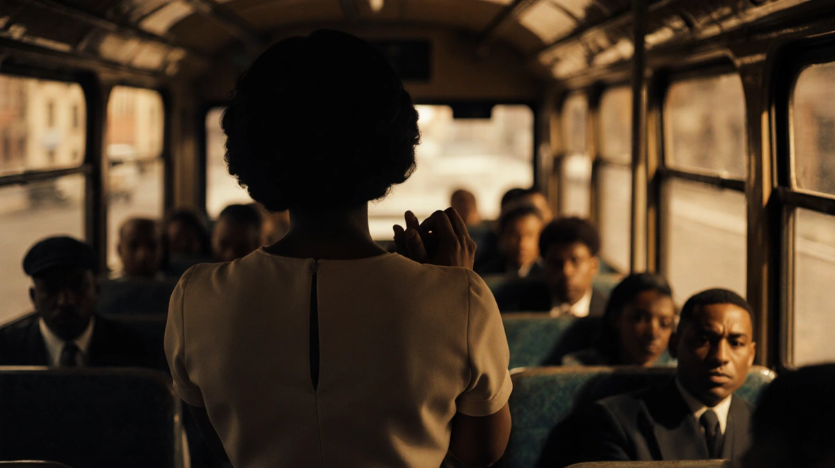Claudette Colvin stands defiantly on a 1950s bus with shadowy passengers seated behind her and city lights glowing through th