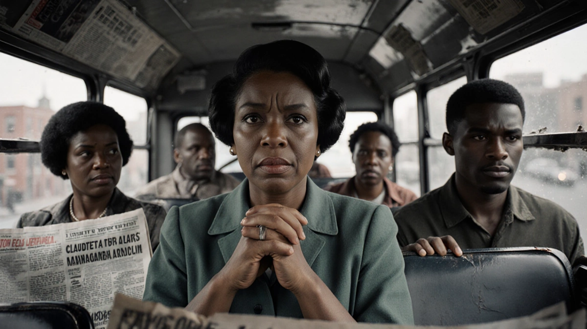 Claudette Colvin sits defiantly on crowded bus with determined expression and protest signs scattered around her
