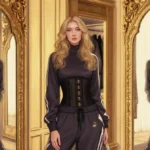 Claudia Jessie modeling modern tracksuit with ornate mirrors and designer handbag showing relaxed elegance