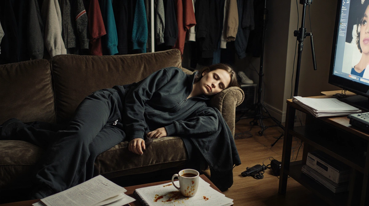 Claudia Jessie lounging on couch with filming equipment and wardrobe racks showing exhaustion
