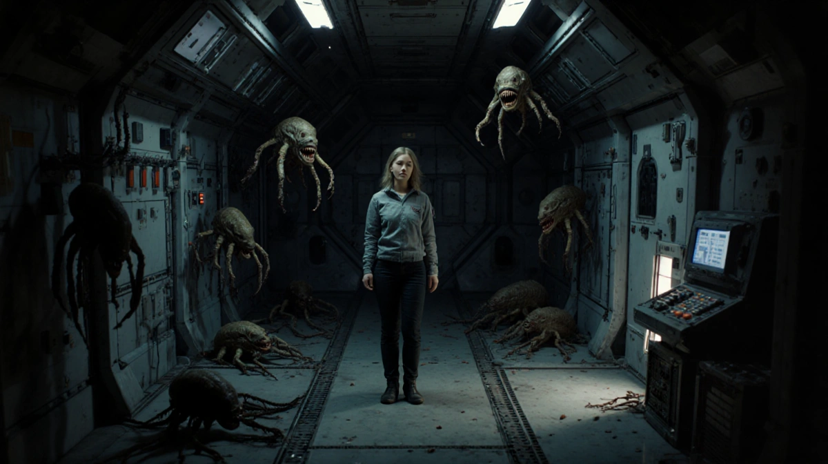 Cailee Spaeny stands in cramped space station corridor with alien creatures scattered on floor and eerie console glow illumin