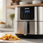 Stainless steel air fryer sitting on kitchen counter with golden fries nearby showing easy appliance maintenance