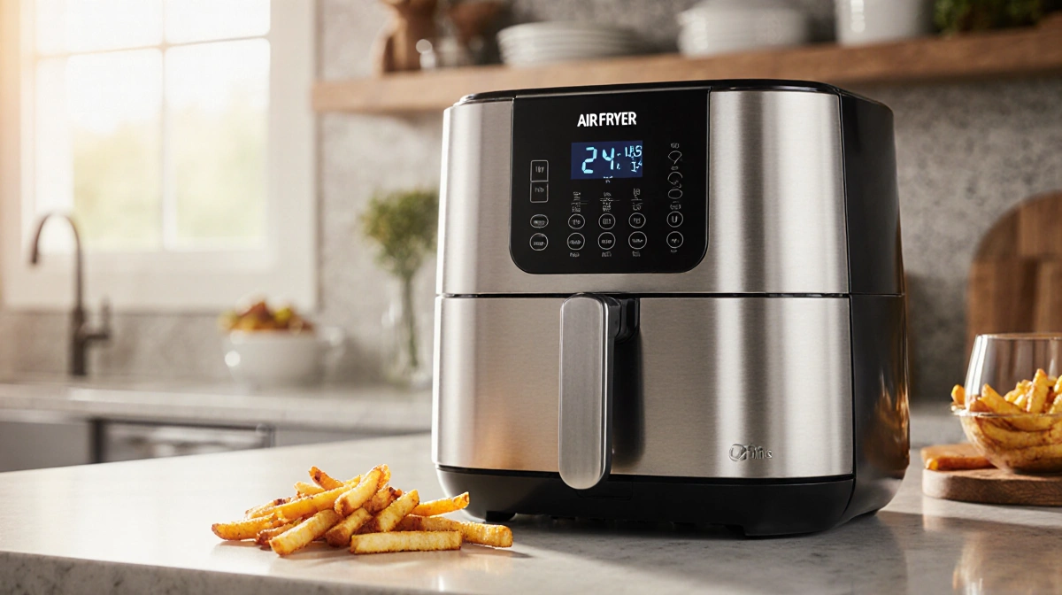 Stainless steel air fryer sitting on kitchen counter with golden fries nearby showing easy appliance maintenance