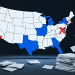 A large US map with red X marks over blue corridor states shows canceled clean energy grants with scattered papers blowing aw