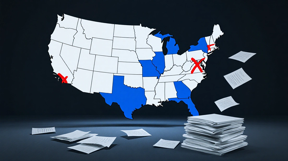 A large US map with red X marks over blue corridor states shows canceled clean energy grants with scattered papers blowing aw
