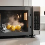 Clean microwave with fresh lemons steaming in bowl showing easy natural cleaning method