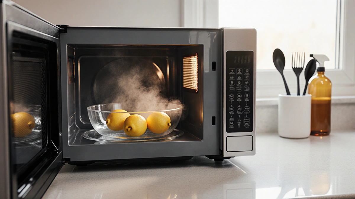 Clean microwave with fresh lemons steaming in bowl showing easy natural cleaning method
