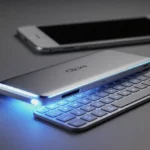 Clicks Communicator keyboard-phone showing its slide-out keyboard with soft blue glow.