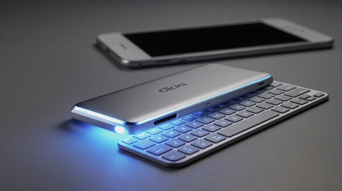Clicks Communicator keyboard-phone showing its slide-out keyboard with soft blue glow.