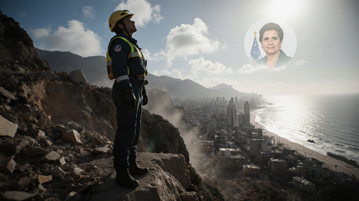 Person at cliff edge looking up with protective gear and landslide debris while Acapulco coastline glows.