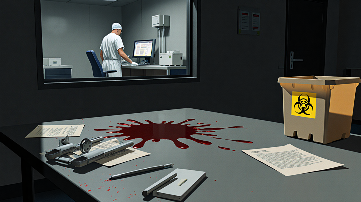 Liquid drips from bloodstained table into biohazard bin with doctor standing nearby.
