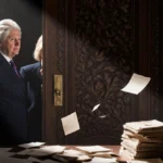 Ornate carved door slams shut with dusty files scattering across the floor and papers blowing in the wind