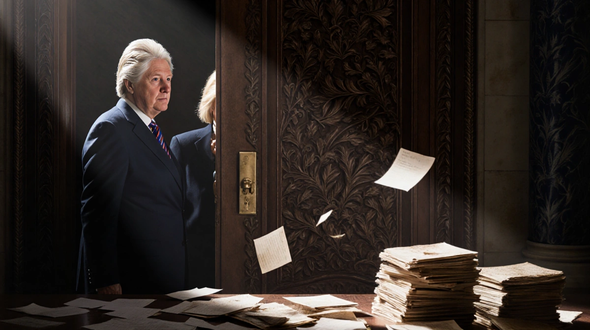 Ornate carved door slams shut with dusty files scattering across the floor and papers blowing in the wind