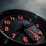 Clock face glowing with red numbers 12 and midnight while frozen hands hover over dramatic shadows