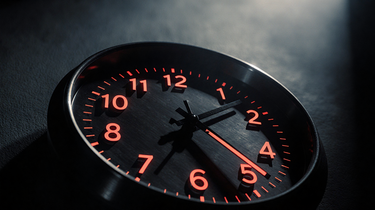 Clock face glowing with red numbers 12 and midnight while frozen hands hover over dramatic shadows