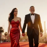 George and Amal Clooney walking hand-in-hand on the red carpet with her red gown glowing in sunset light at the Golden Globes