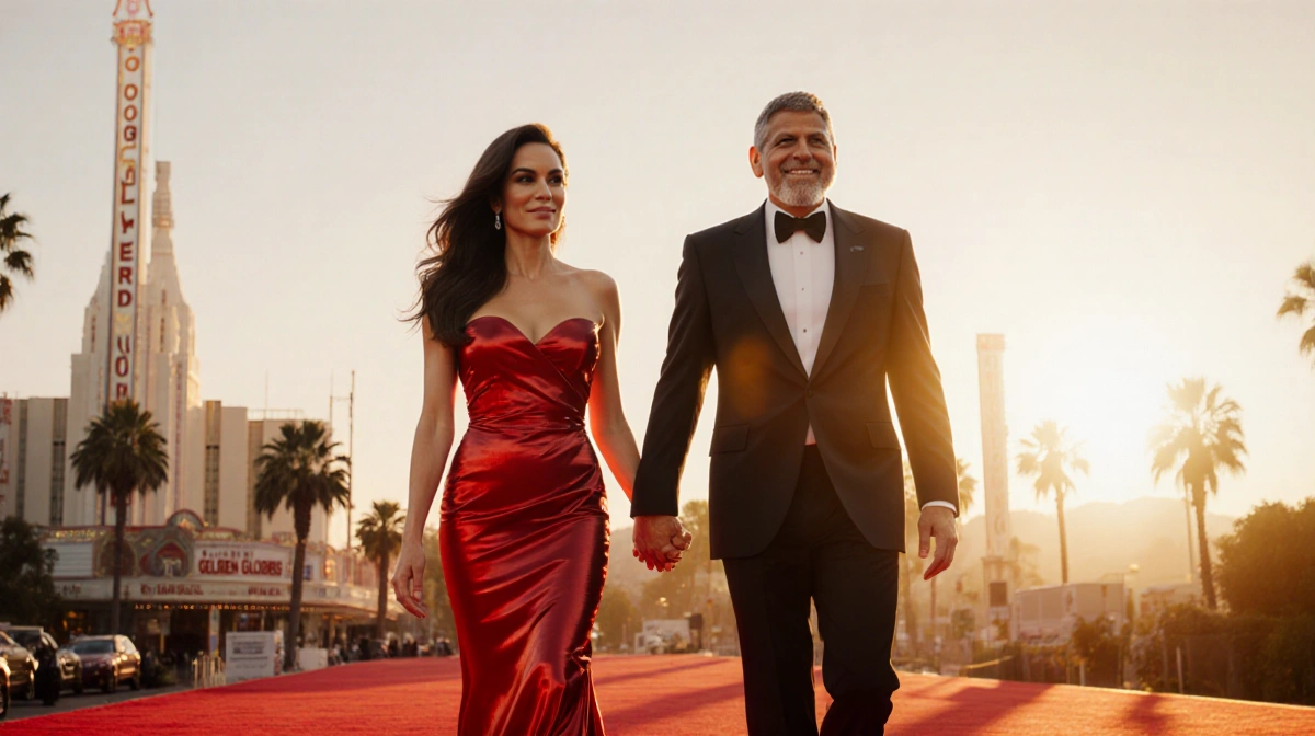 George and Amal Clooney walking hand-in-hand on the red carpet with her red gown glowing in sunset light at the Golden Globes