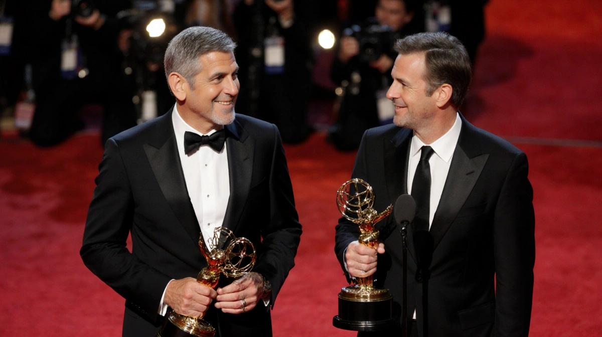 George Clooney and Noah Wyle accepting AARP Movies for Grownups Awards with red carpet and cameras behind them