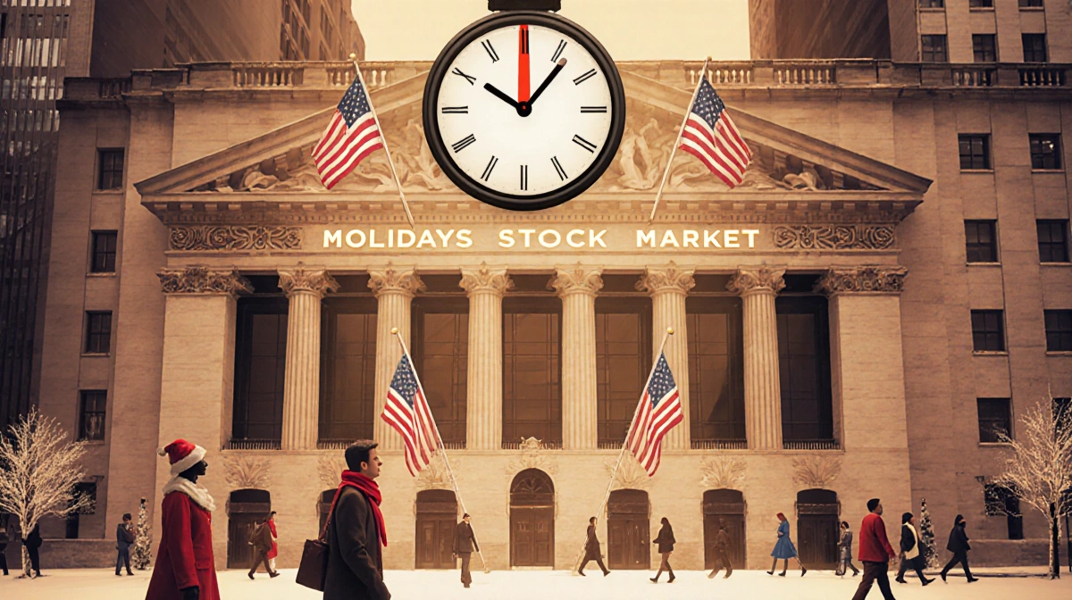 Closed stock exchange building with American flags and Monday clock shows holiday shoppers passing by