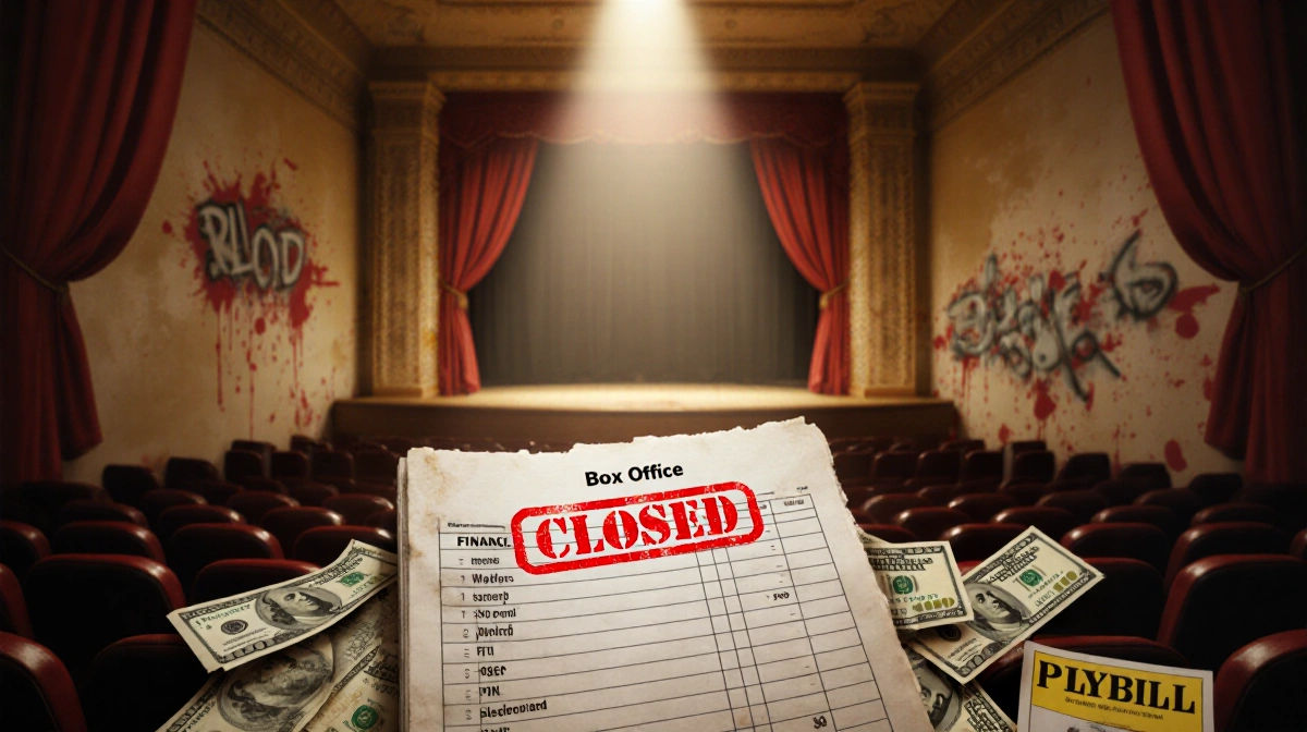 Red Closed stamp on financial ledger with faded ticket stubs and dollar bills scattered near empty theater seats