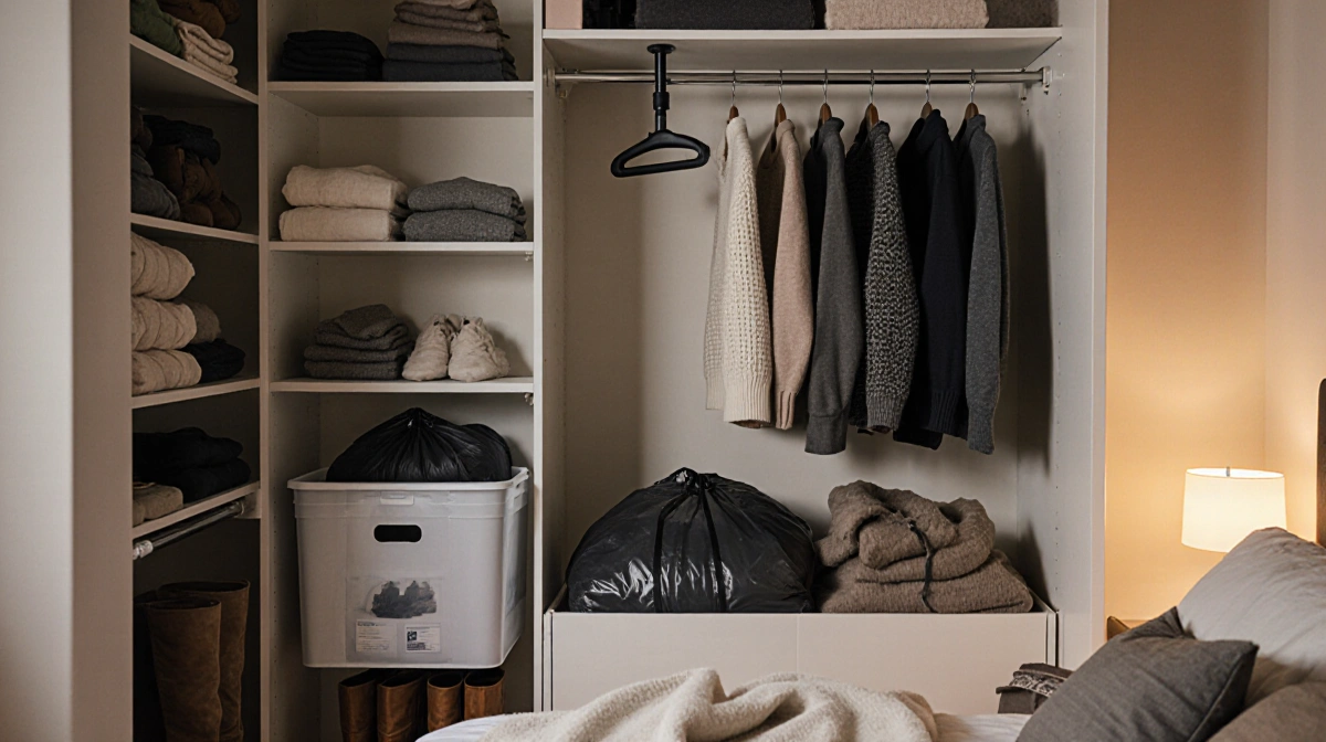 Closet with organized hanging rod and storage box showing vacuum-sealed winter clothes
