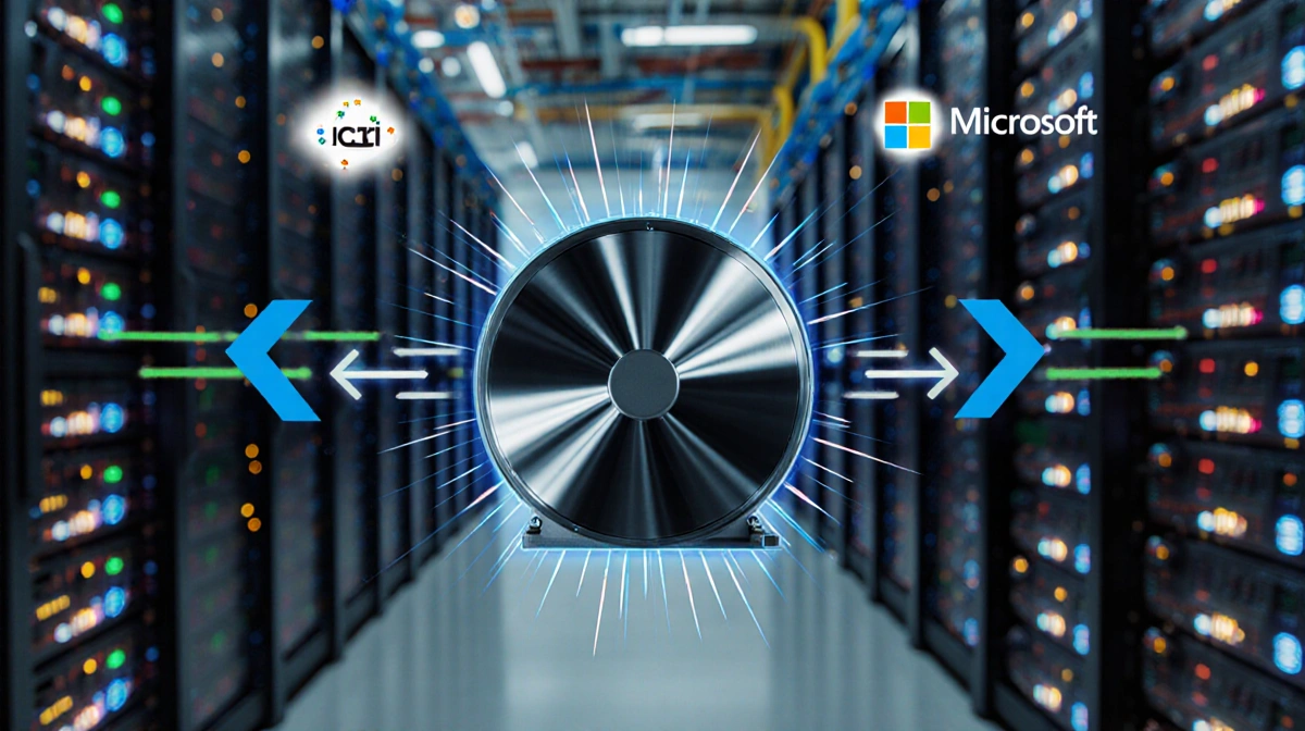 Cloud networking switch routing high-speed data with spinning fan blade and server racks glowing behind