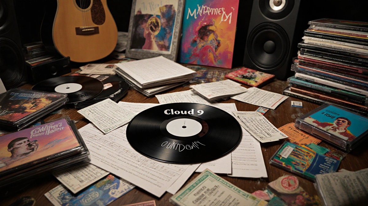 Vinyl spinning Cloud 9 with cluttered music studio desk and scattered records