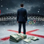 Cloudflare CEO stands alone facing dark Olympic stadium with red X on ice and scattered €14.2 million banknotes
