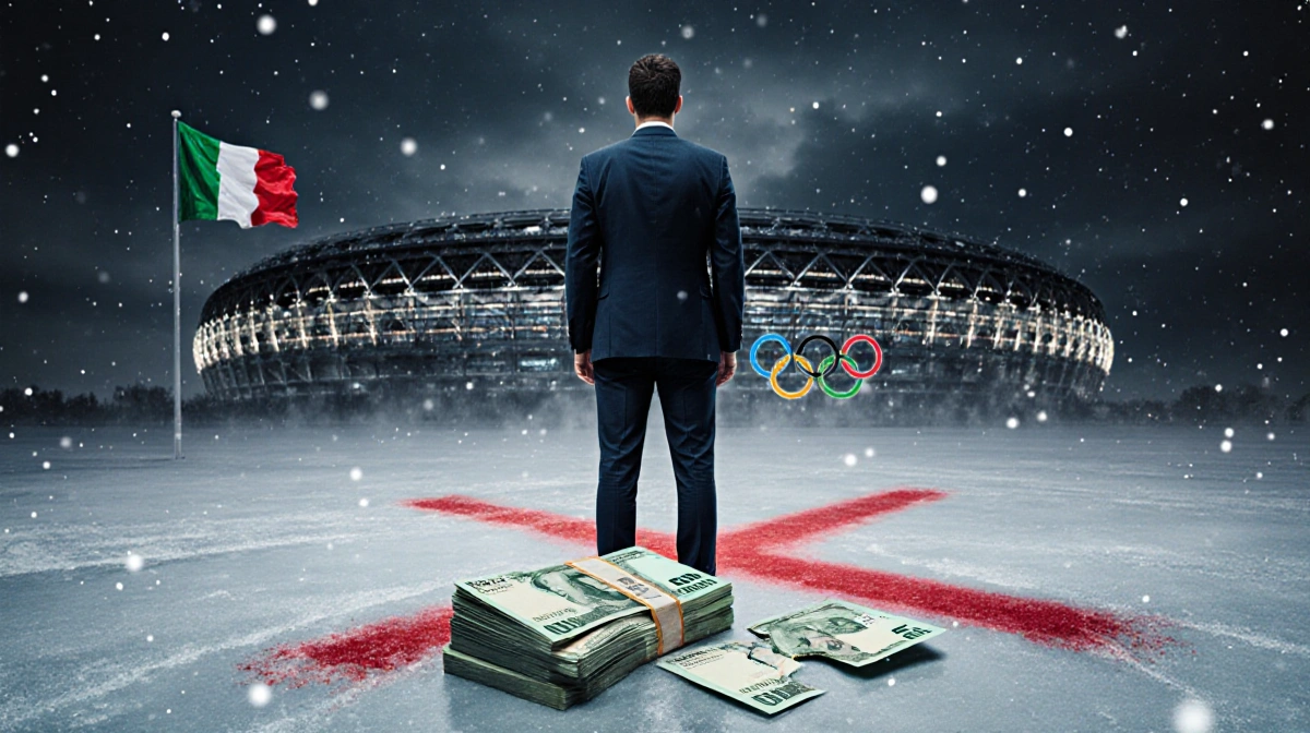 Cloudflare CEO stands alone facing dark Olympic stadium with red X on ice and scattered €14.2 million banknotes