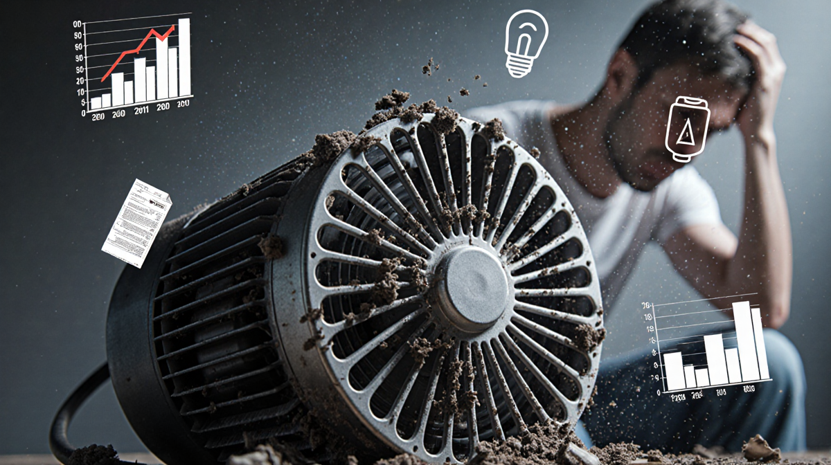 Cluttered air purifier motor struggles with dust buildup and debris near rising energy consumption chart