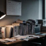 Cluttered office desk with stacked paper files spilling onto floor and laptop showing disorganized workspace