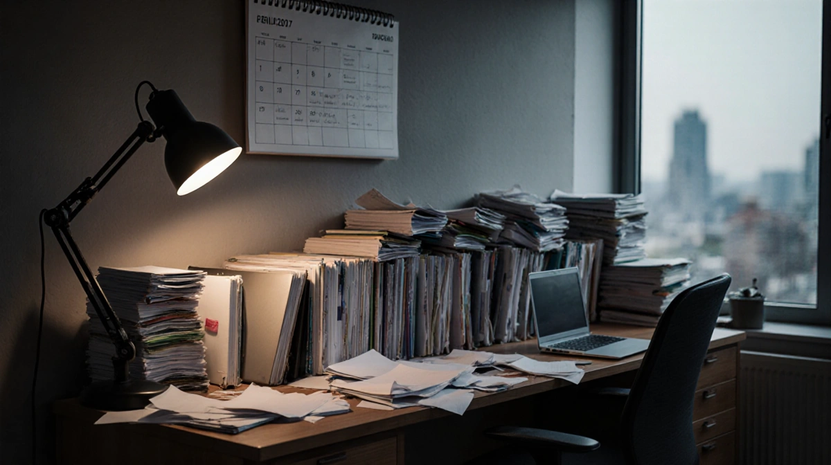 Cluttered office desk with stacked paper files spilling onto floor and laptop showing disorganized workspace