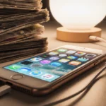 Cluttered iPhone home screen showing old photos and apps with dusty photo albums and charging cables under warm desk light