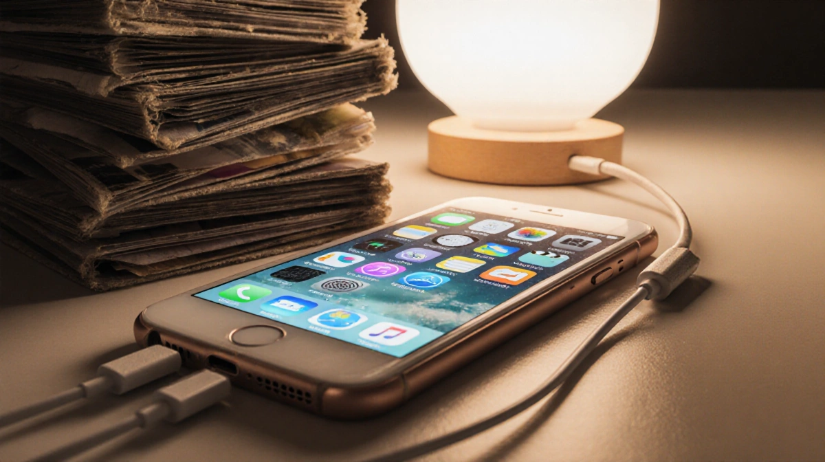 Cluttered iPhone home screen showing old photos and apps with dusty photo albums and charging cables under warm desk light