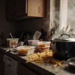 Cluttered kitchen counter with pasta containers and utensils scattered as pot steams near edge