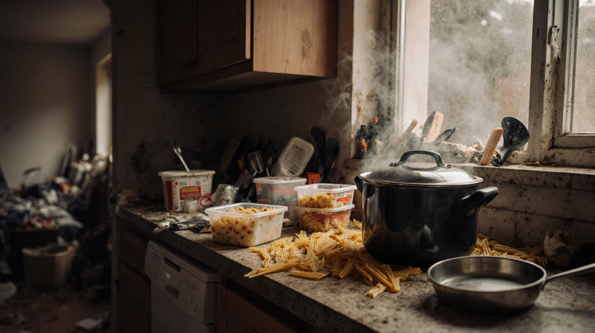 Cluttered kitchen counter with pasta containers and utensils scattered as pot steams near edge