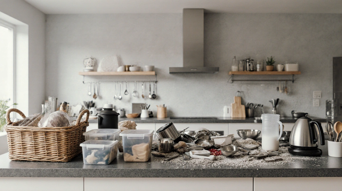 Cluttered kitchen counter spills containers and utensils with organized storage bins showing contrast